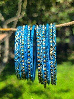Royal Blue and Gold Indian Bangle Set - 16pc Silk Thread Metallic Churi Bracelet
